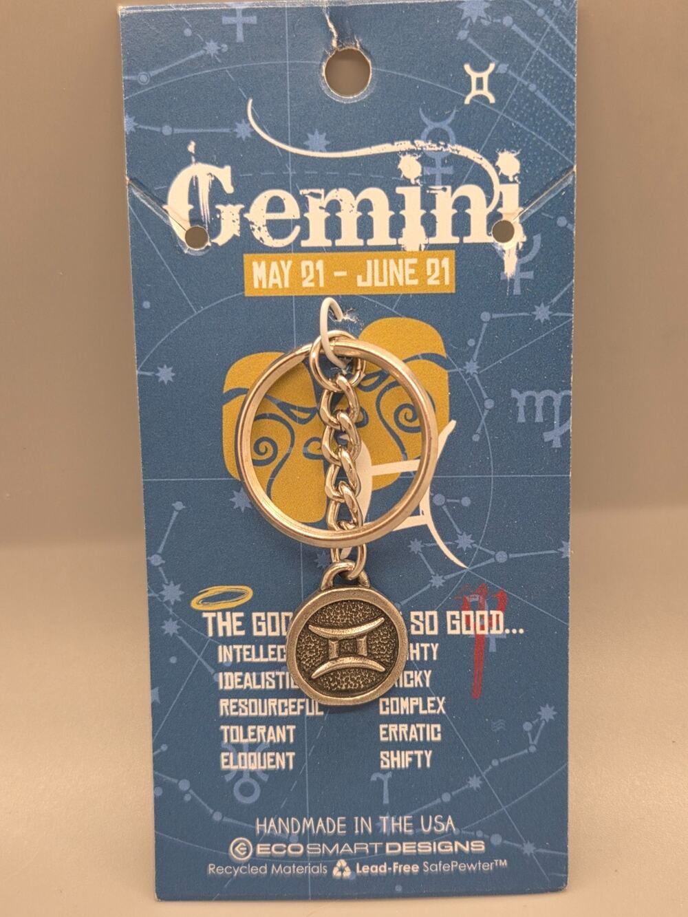 Eco Smart Designs - GEMINI - Astrological - Hand Made Lead Free Pewter Keychain